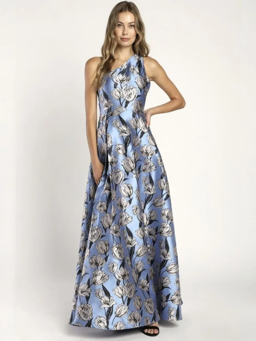 NWT Lulus Exquisite Elegance Blue Jacquard One-Shoulder Maxi Dress (size L) - Picture 1 of 9